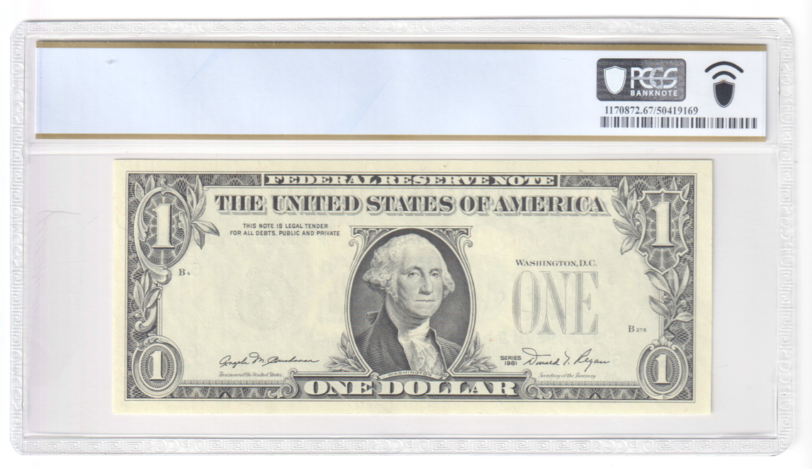 Error Currency - 1981 $1 Atlanta FRN Fr# 1911-F Overprint on Back - PCGS GemCU-67 PPQ