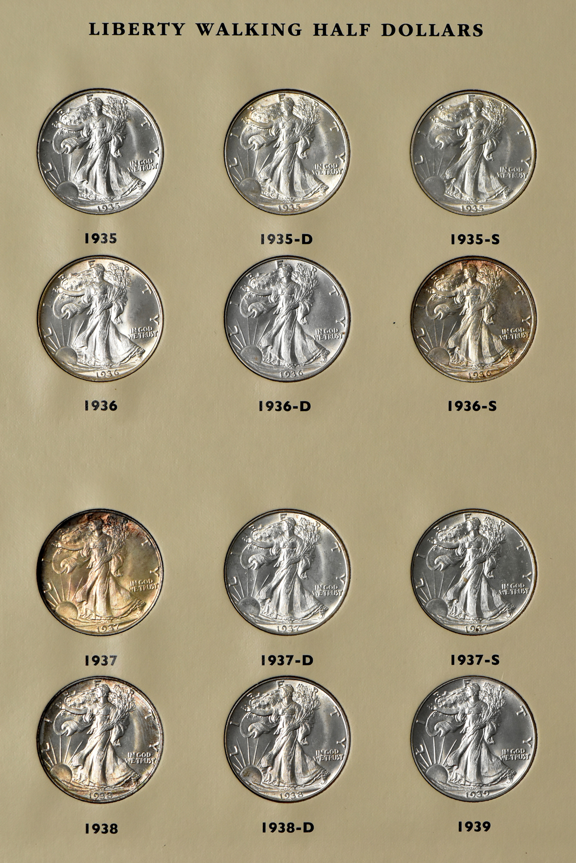 Collection of 42 Walking Liberty half-dollars in a Littleton album