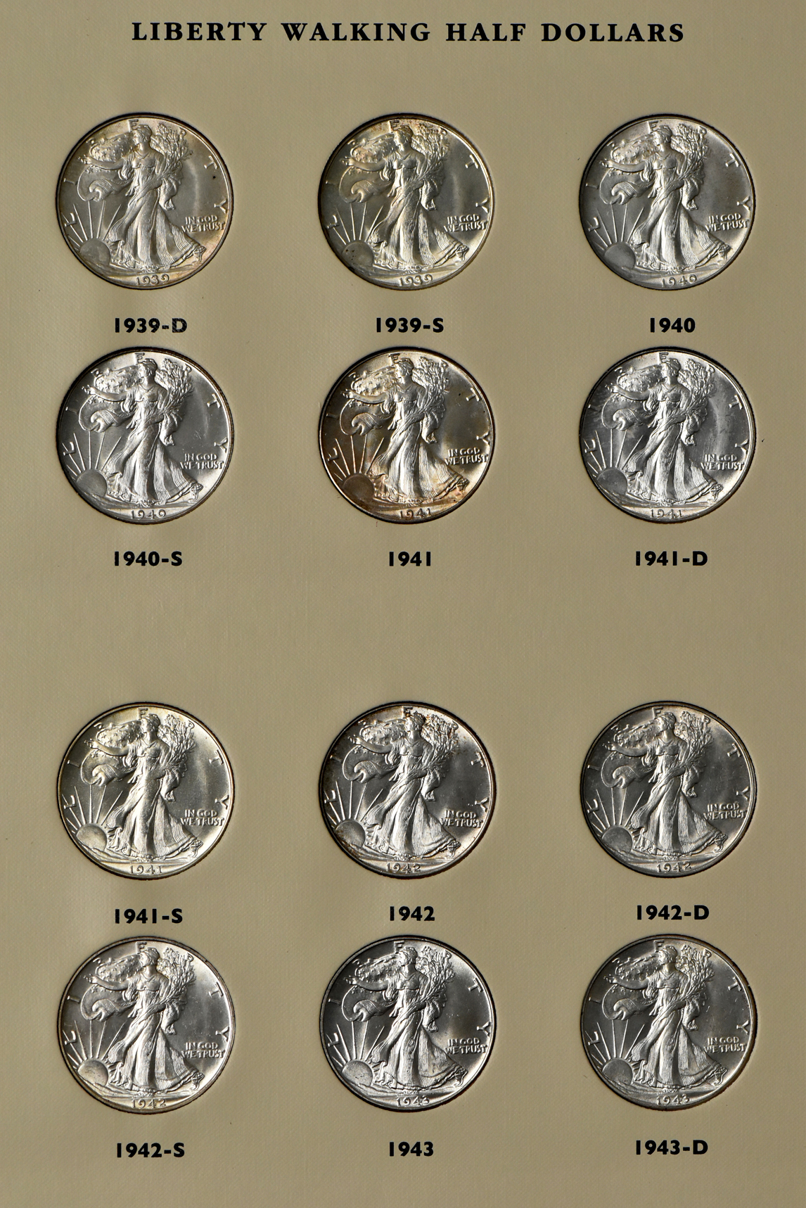Collection of 42 Walking Liberty half-dollars in a Littleton album
