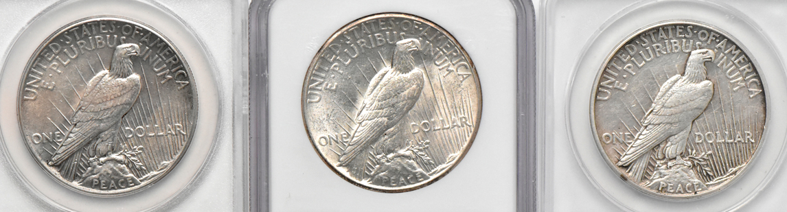 1921 Peace, High Relief ANACS AU-58 details/cleaned, 1928 $1 ANACS AU-58/cleaned, and a 1928 NGC AU-58