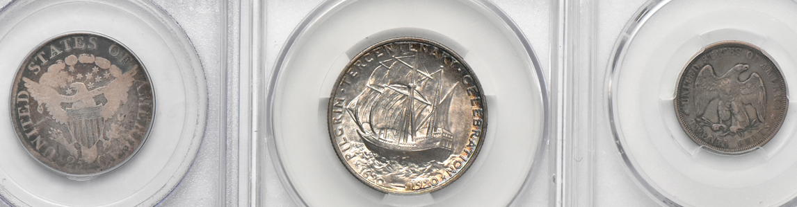 1807 Bust quarter PCGS Good-4, 1875 twenty-cent piece PCGS VF-30, and a 1920 Pilgrim commemorative half-dollar CACG MS-63