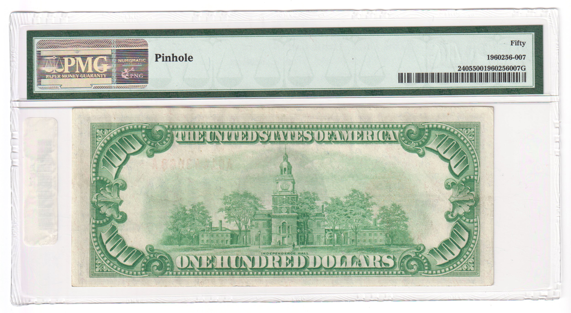 1928 $100 Fr# 2405 - PMG AU-50/pinhole