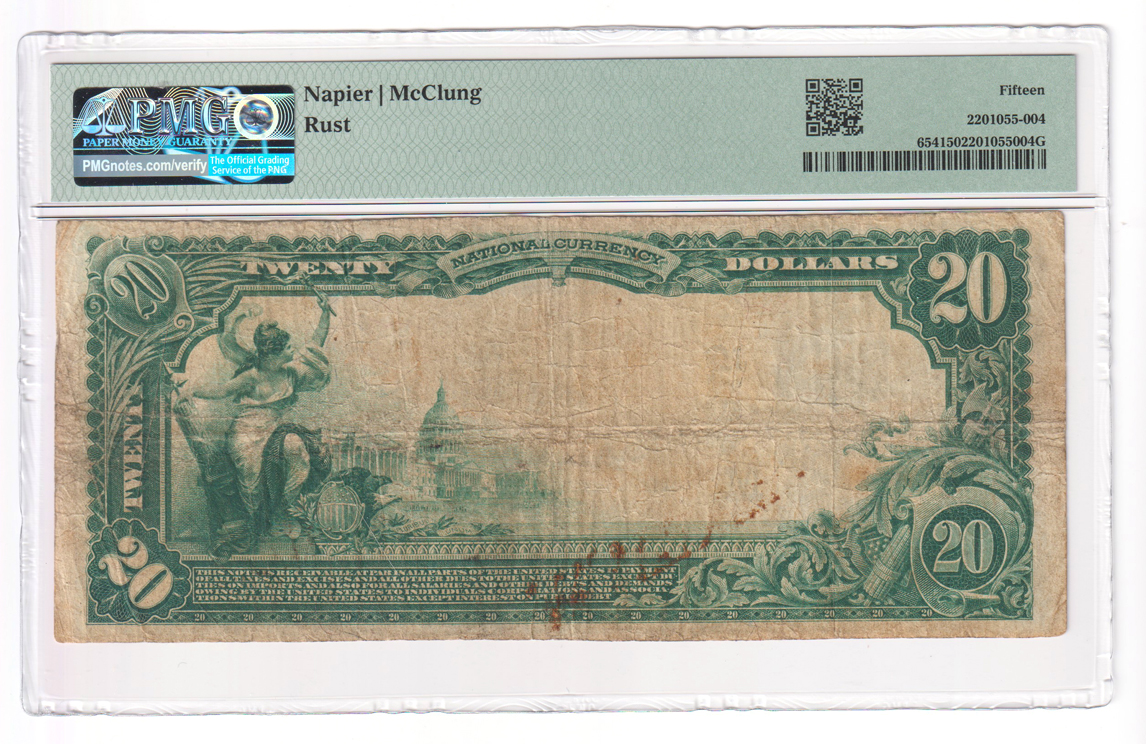 1902 $20 Blue Seal - Carthage, MO Charter #4815 - PMG F-15/rust