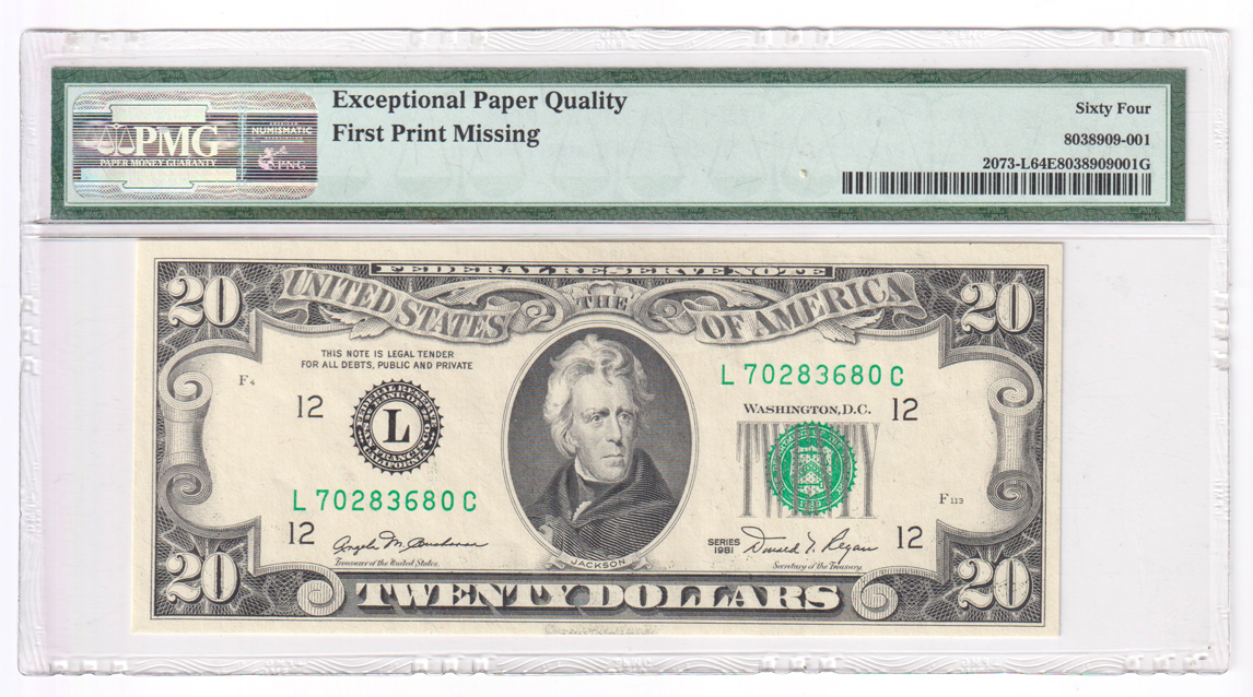 Error Currency - 1981 $20 San Francisco FRN Fr# 2073-L First Print Missing - PMG ChCU-64 EPQ