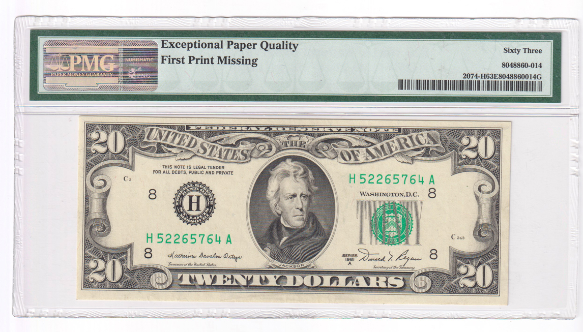 Error Currency - 1981-A $20 St. Louis FRN Fr# 2074-H First Print Missing - PMG ChCU-63 EPQ