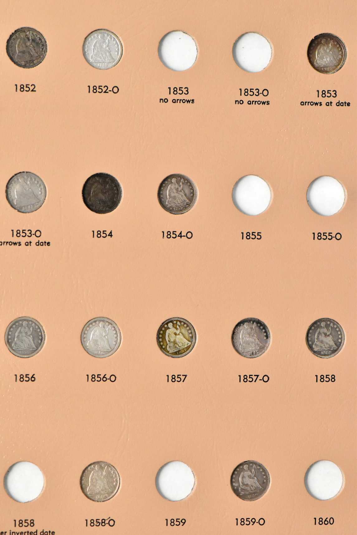 Group of 34 different half-dimes in a Dansco 6120 album