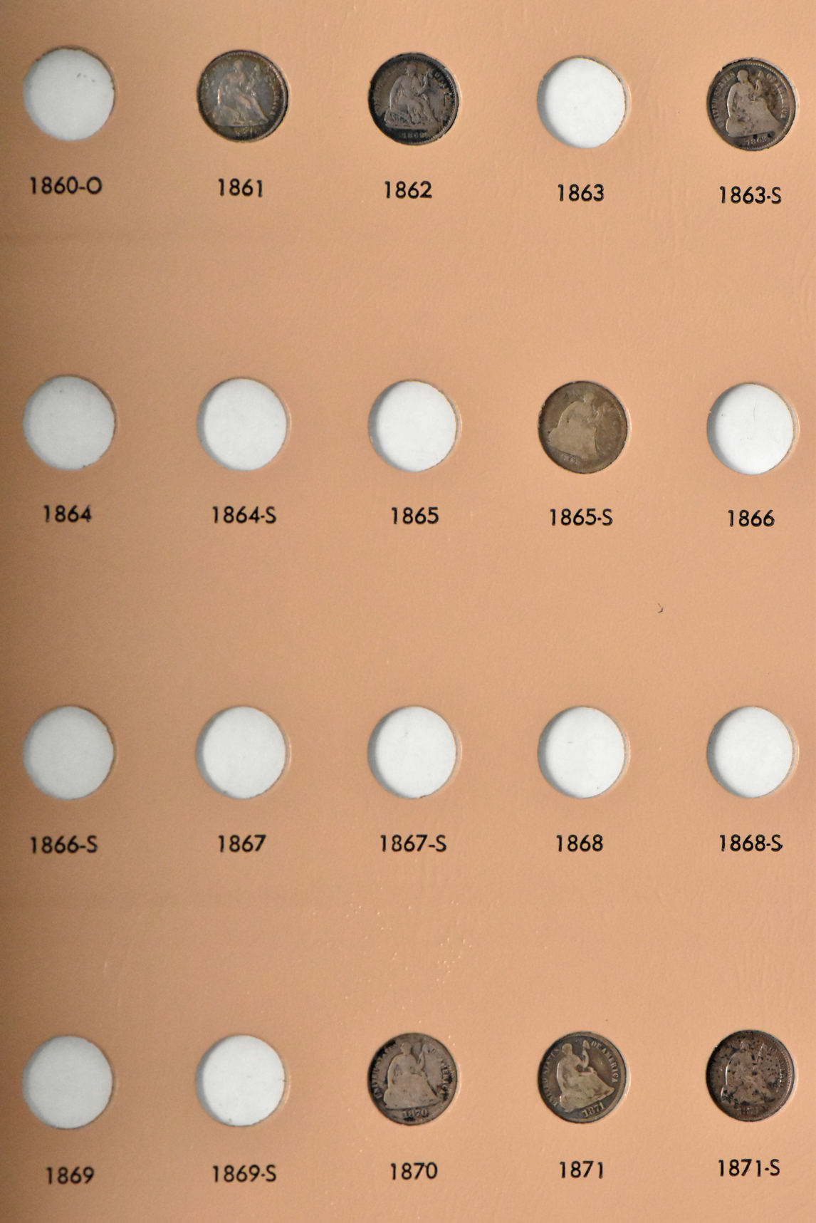 Group of 34 different half-dimes in a Dansco 6120 album