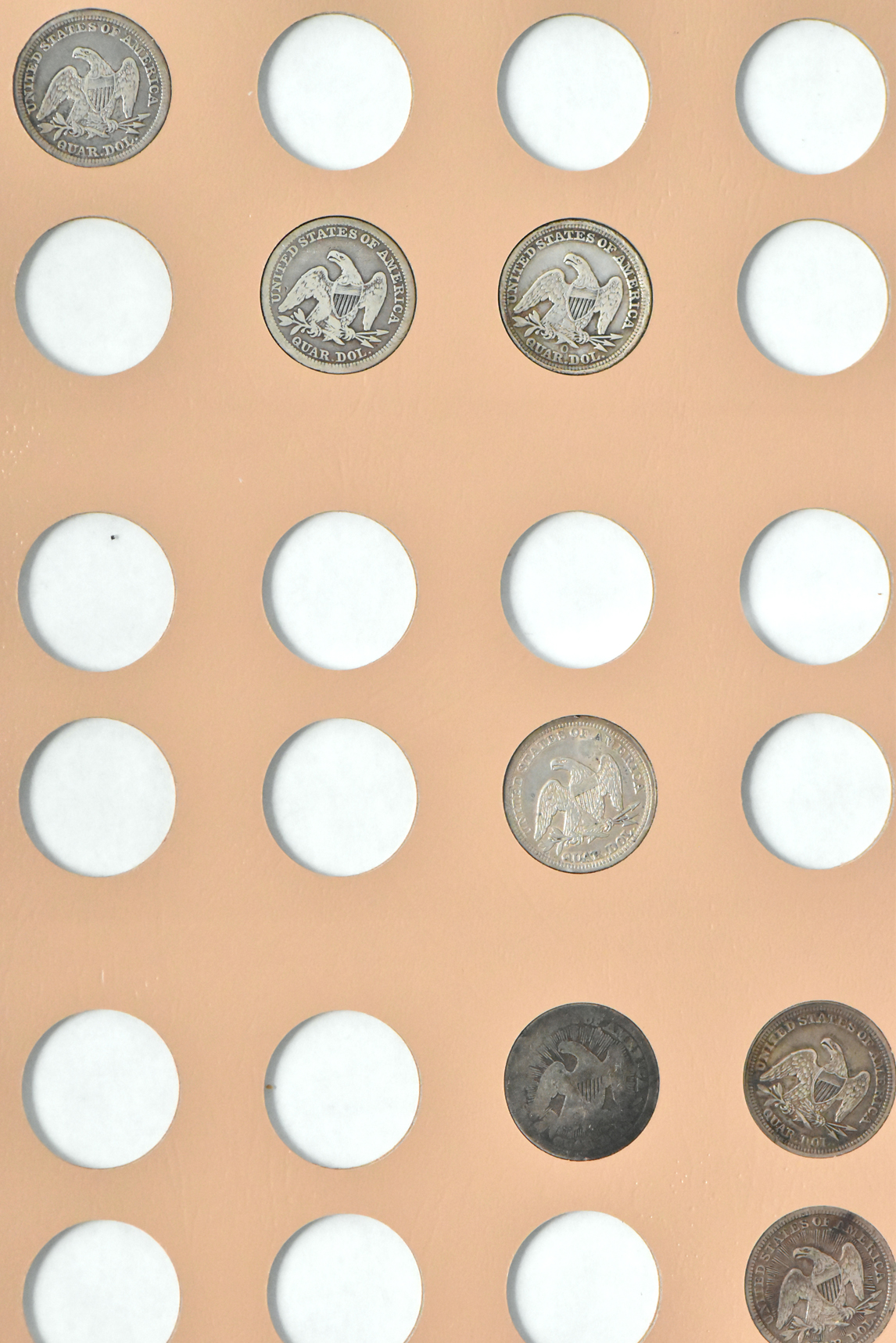 Collection of 18 different Liberty Seated quarters in a Dansco 6142 album