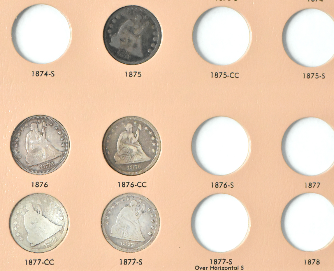 Collection of 18 different Liberty Seated quarters in a Dansco 6142 album
