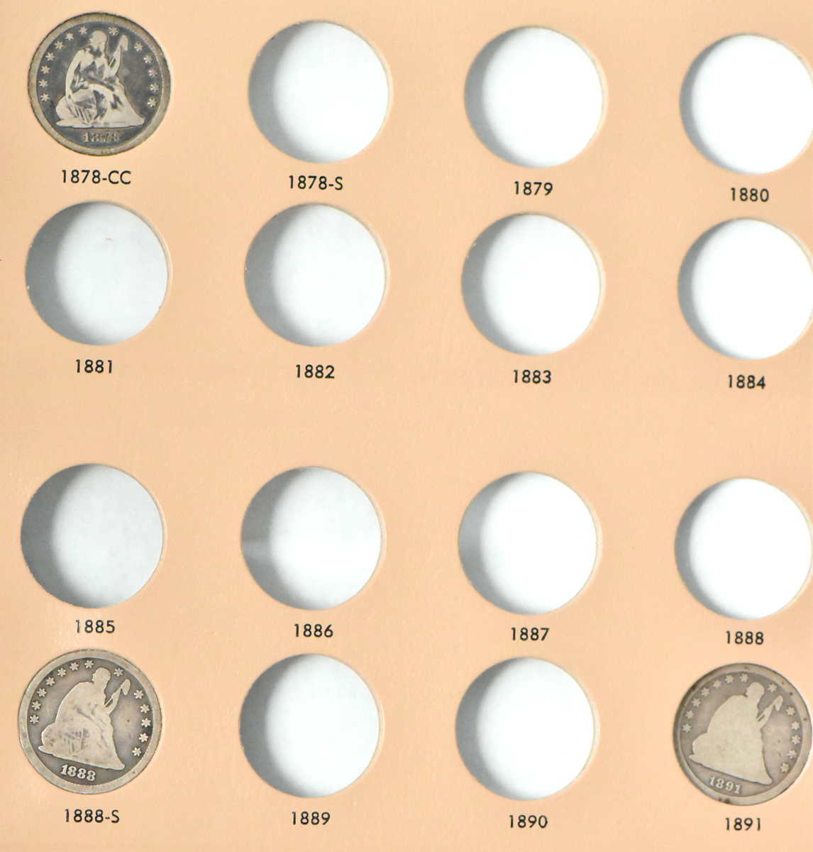 Collection of 18 different Liberty Seated quarters in a Dansco 6142 album