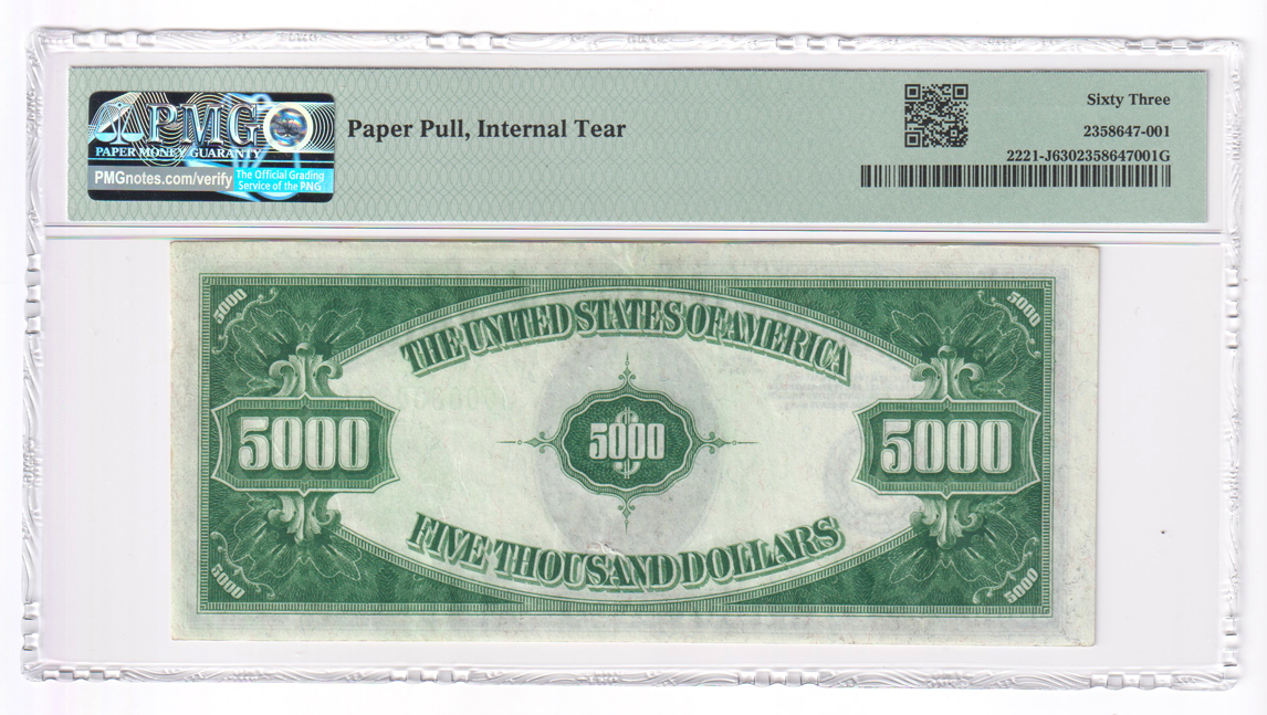 1934 $5,000 Kansas City Fr# 2221-J - PMG ChCU-63/paper pull/internal tear