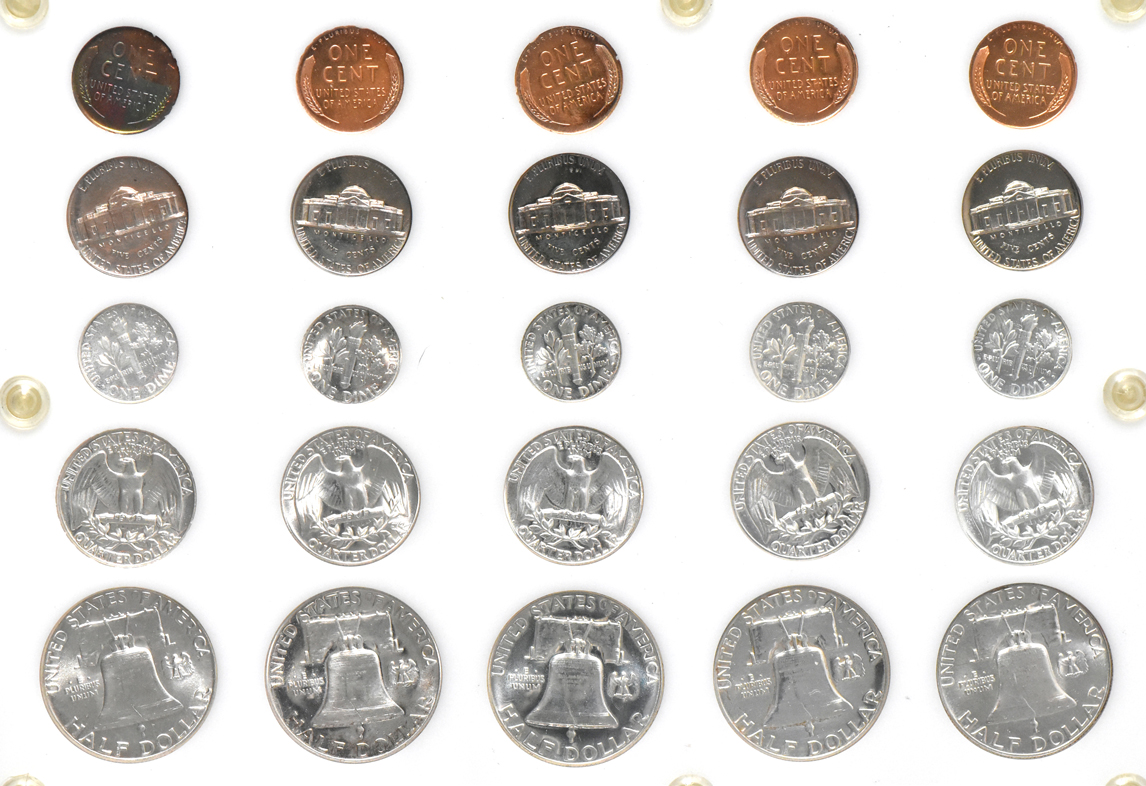 Fifteen Proof Sets, 1950 through 1963, including a small date cent set, in three Capital Plastics holders