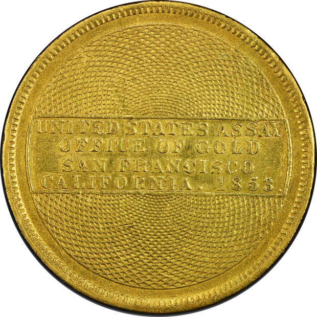 1853 "900" $20 U.S. Assay Office PCGS AU detail/rim repaired