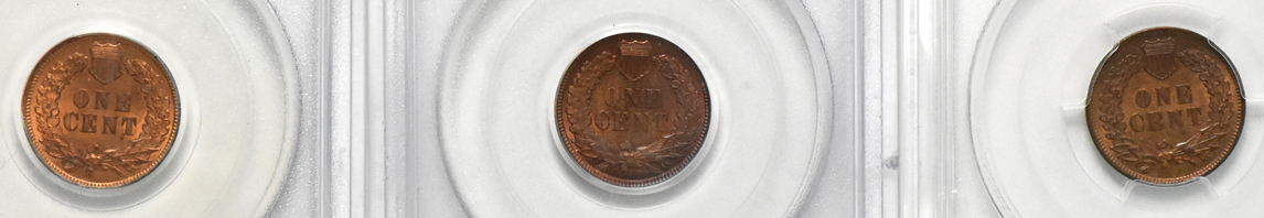 1900 MS-64RB (green label), 1901 MS-63RB, and a 1902 MS-64RB (green label), all PCGS