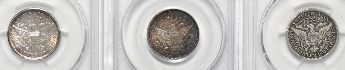 1896 AU-50 (green label), 1896-O VF-20, and 1899 AU-58, all PCGS