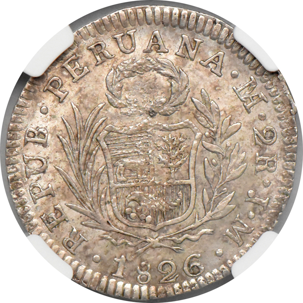 Multiple - Peru 1826-LIMA JM 2 reales NGC MS-61, and a Spain 1855 20 reales ANACS AU-53