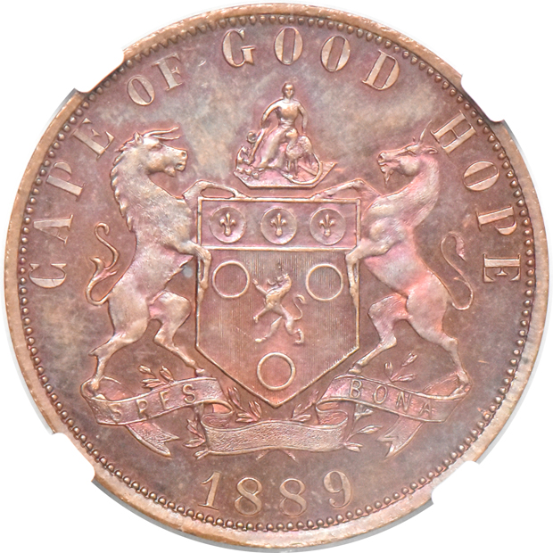 South Africa - 1889 Cape of Good Hope Bronze, Short Horn penny - NGC PR-64 BN