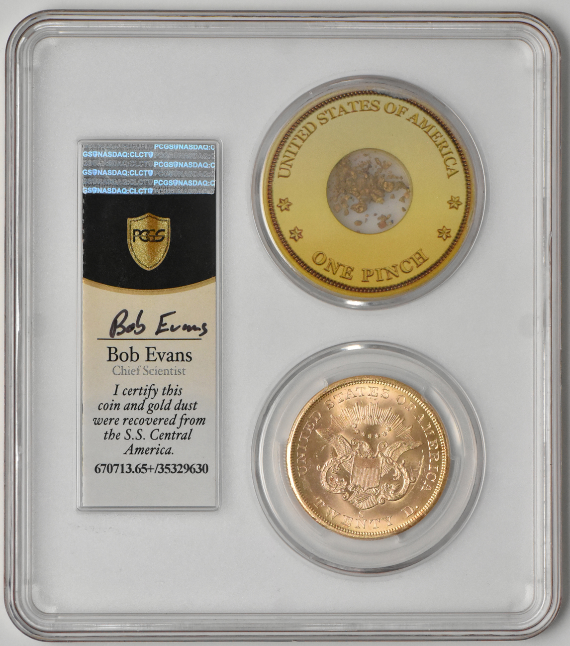 1857-S Spiked Shield S.S. Central America with gold dust PCGS MS-65+