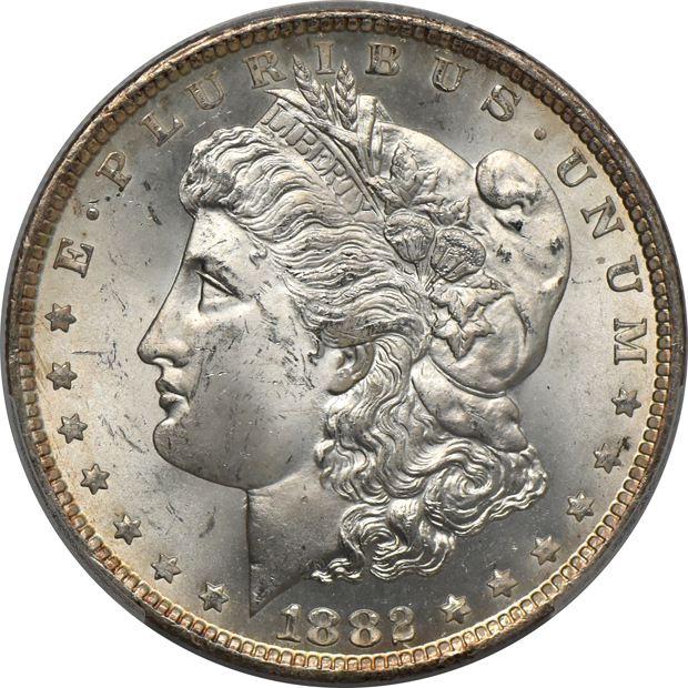 1879-S MS-65PL, 1879-S MS-65+, and an 1882-CC MS-64+, all PCGS