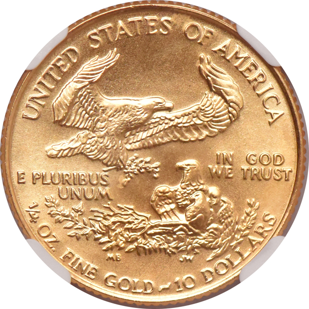 1991 1/4oz gold American Eagle MS-69, and a 1999 1oz silver American Eagle MS-67, both NGC Struck Thru