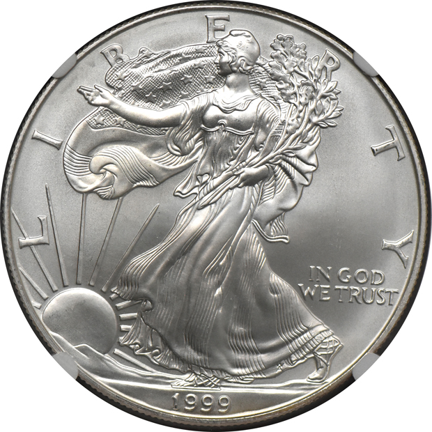 1991 1/4oz gold American Eagle MS-69, and a 1999 1oz silver American Eagle MS-67, both NGC Struck Thru