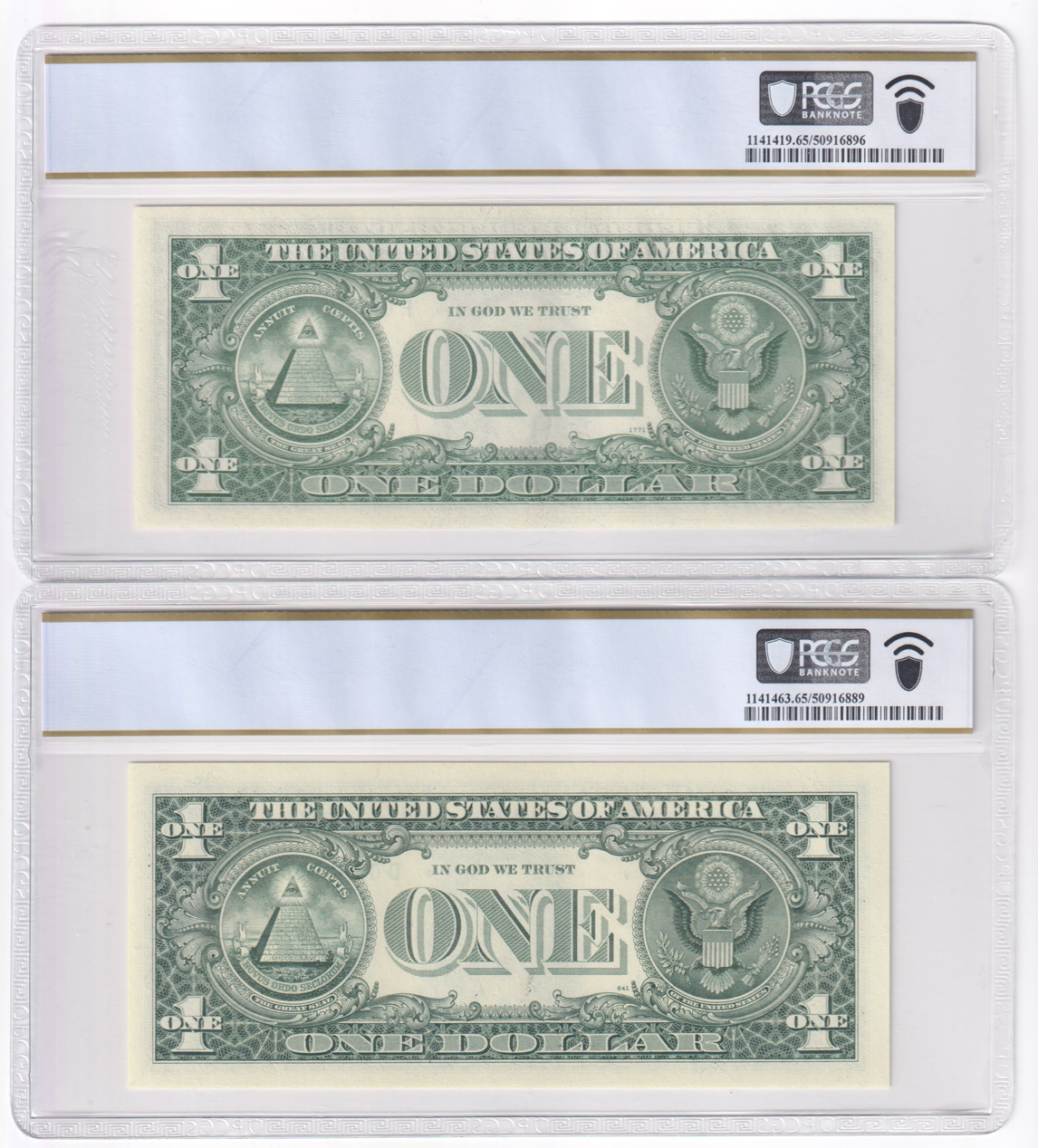 1974 $1 Atlanta Fr# 1908-F, 1988-A $1 St. Louis Fr# 1915-H, and a 1995 $1 Cleveland Fr# 1941-D - all PCGS GemCU-65 PPQ Serial Number 37