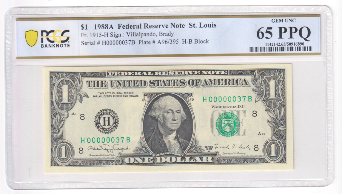 1974 $1 Atlanta Fr# 1908-F, 1988-A $1 St. Louis Fr# 1915-H, and a 1995 $1 Cleveland Fr# 1941-D - all PCGS GemCU-65 PPQ Serial Number 37