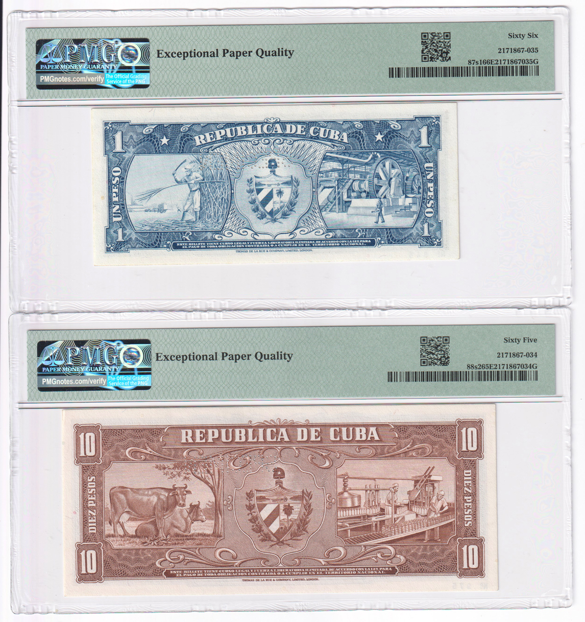 Cuba - 1956 1 peso Specimen Pick# 87s1 GemCU-66 EPQ, and a 1958 10 pesos Specimen Pick# 88s2 GemCU-65 EPQ, both PMG