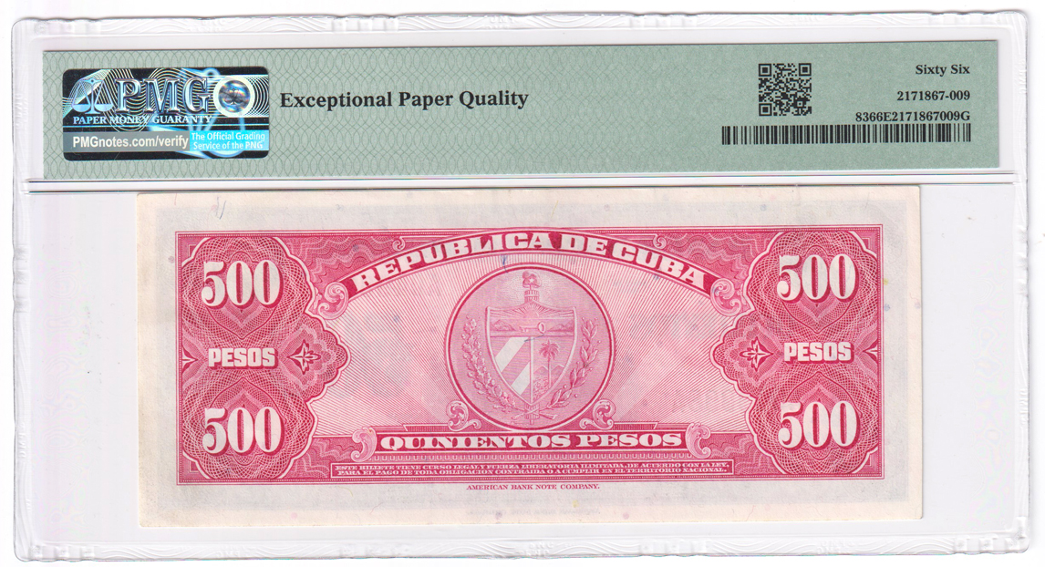 Cuba - 1950 $500 pesos Pick# 83 PMG GemCU-66 EPQ