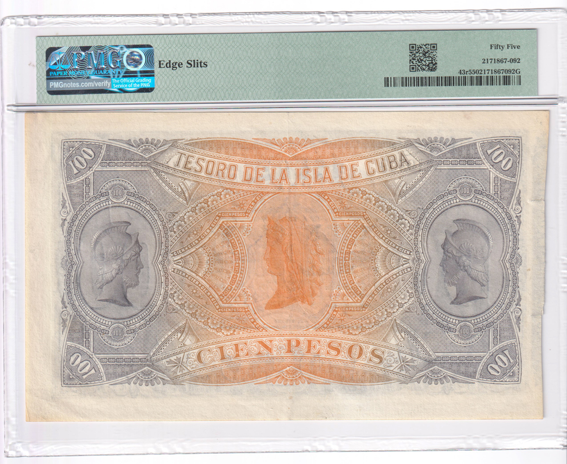 Cuba - 1891 100 pesos Remainder Pick# 43r V05 PMG AU-55/edge splits