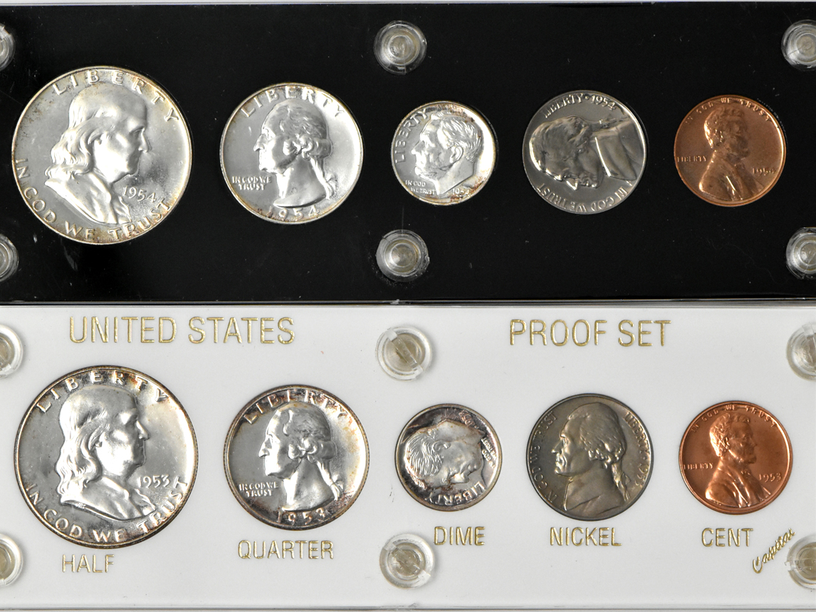 1950, 1951, 1952, 1953, 1954, and 1955 Proof Sets in Capital Plastics holders