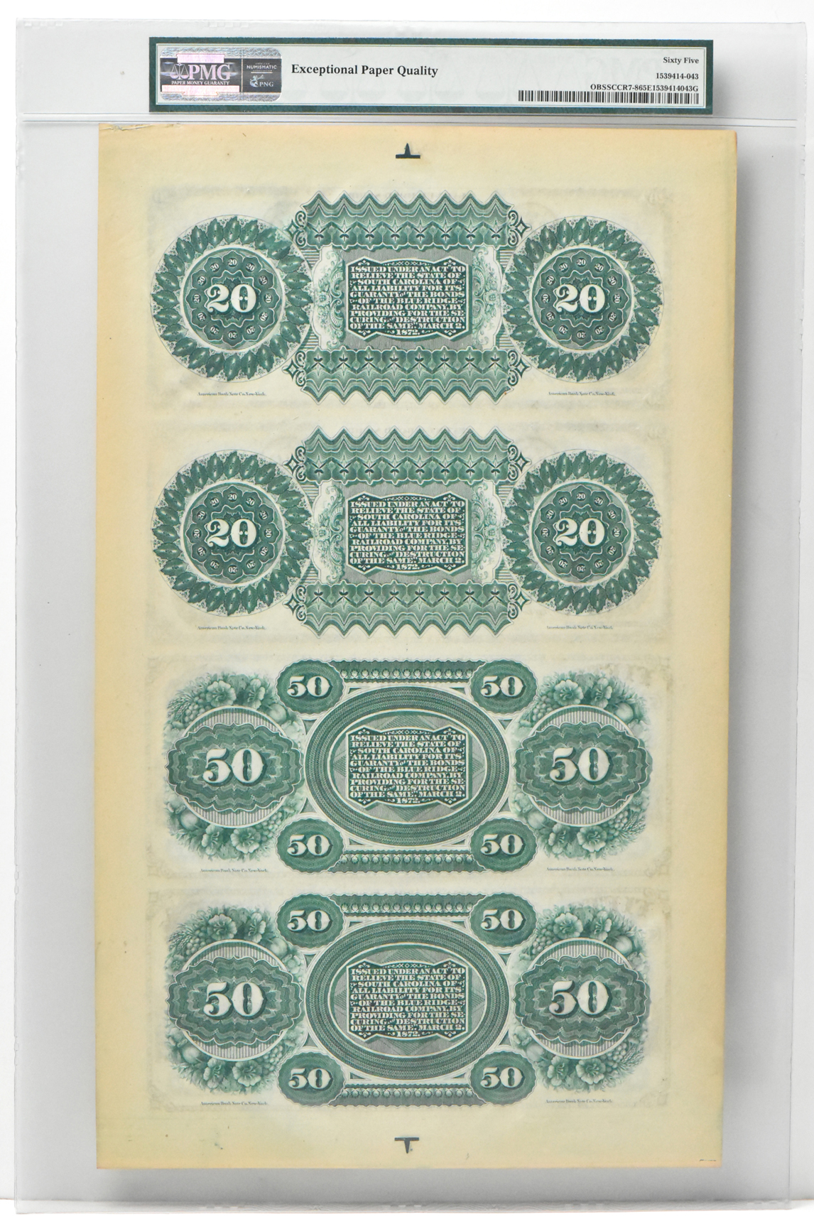 $20 Obsolete - Uncut Sheet of two $20 and two $50 State of South Carolina SCCR7-8 PMG GemCU-65 EPQ