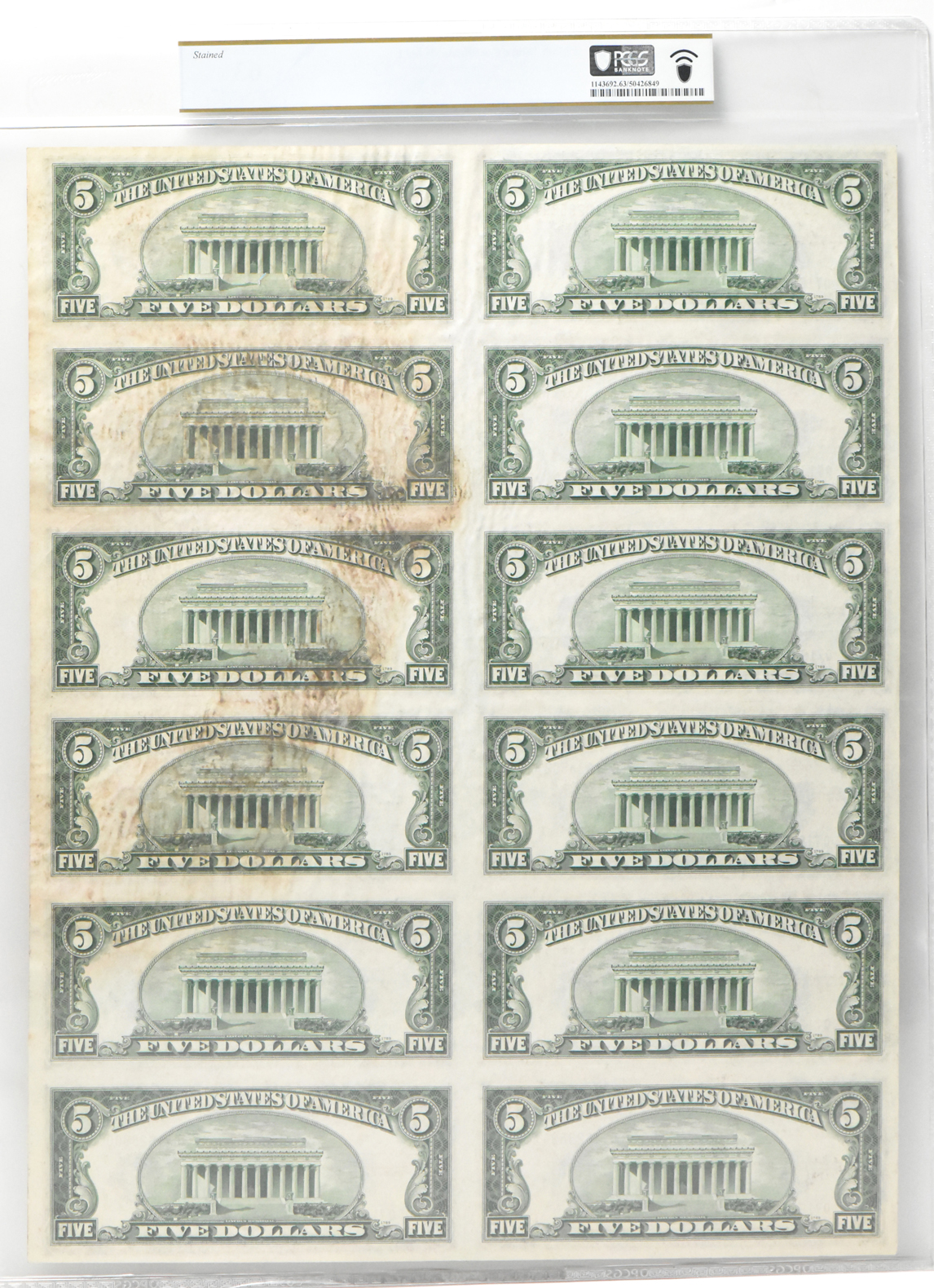 Uncut Sheet of twelve 1934-D $5 Fr# 1654 - PCGS ChCU-63/stained