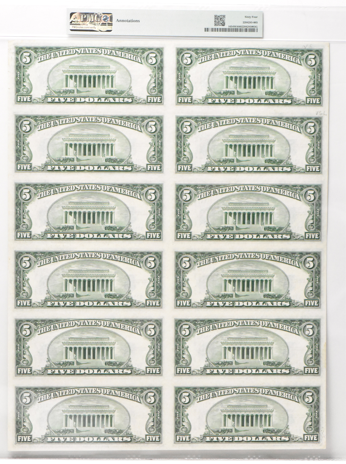 Uncut Sheet of twelve 1934-D $5 Fr# 1654Wi - PMG ChCU-64/annotation