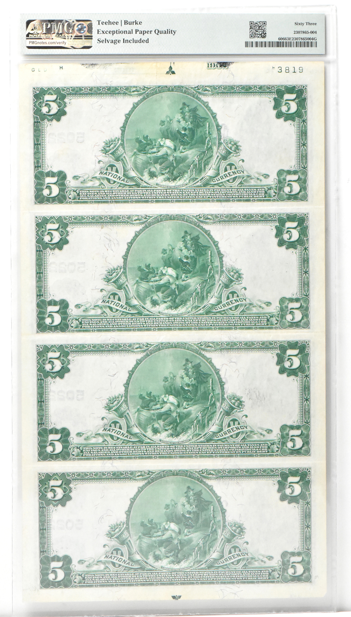 Uncut Sheet of four 1902 $5 Blue Seal - Sioux City, IA Charter #5022 - PMG ChCU-63/EPQ Selvage Included