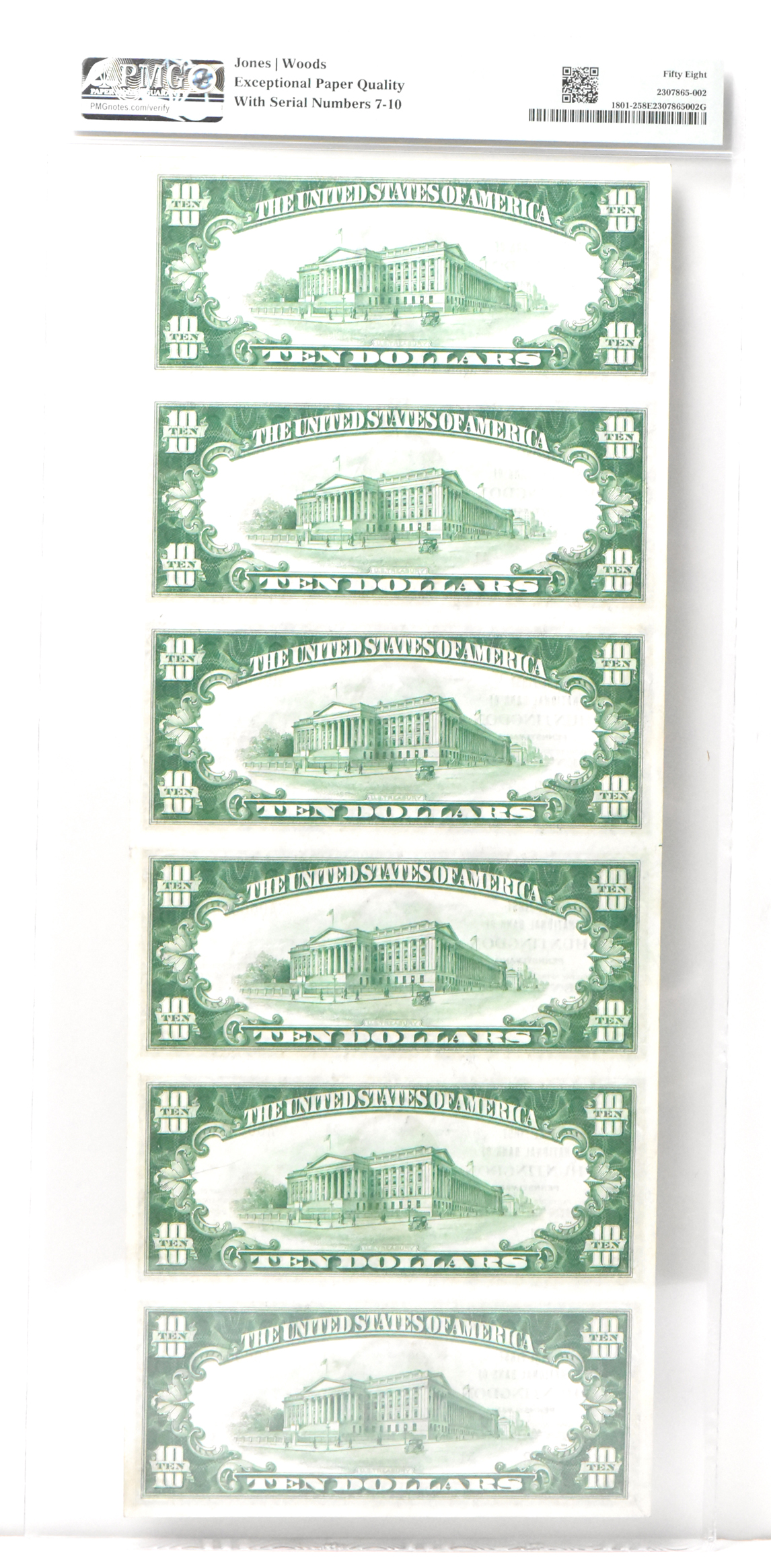 Uncut Sheet of six 1929 $10 Type 2 - Huntingdon, PA Charter #31 - PMG AU-58 EPQ