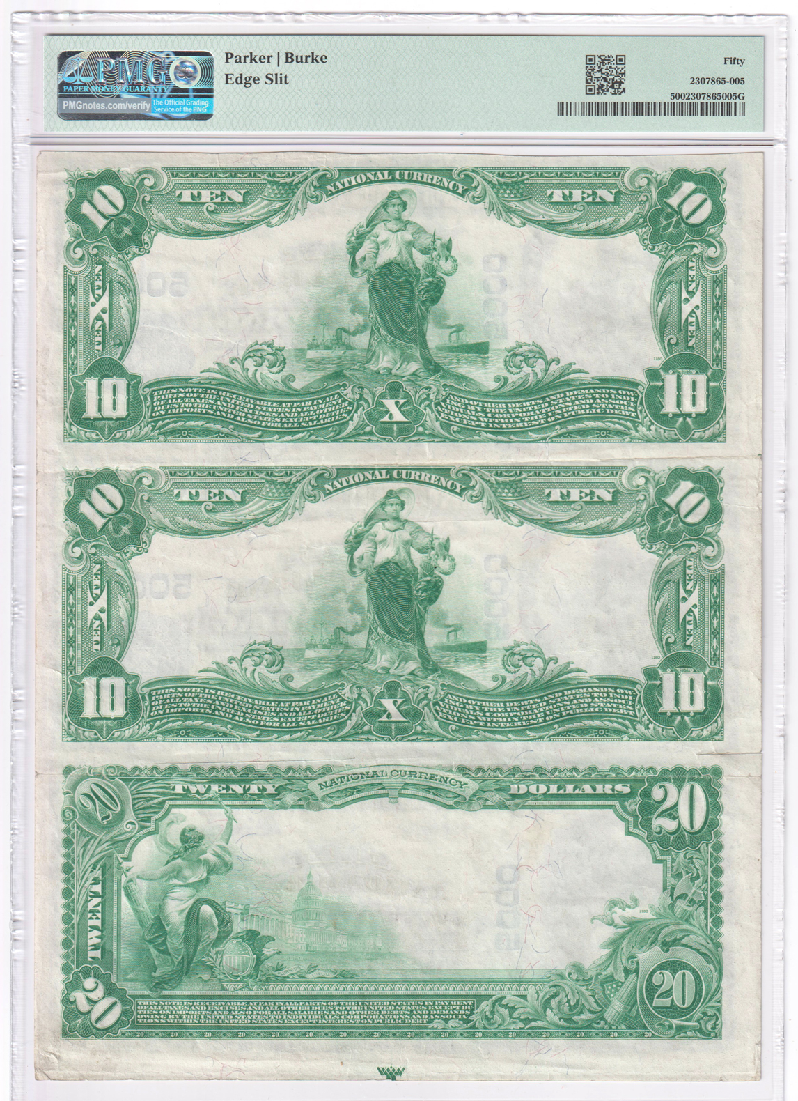 Uncut Sheet of two 1902 $10 and one $20 Blue Seal - Wilmerding, PA Charter #5000 - PMG AU-50/edge splits