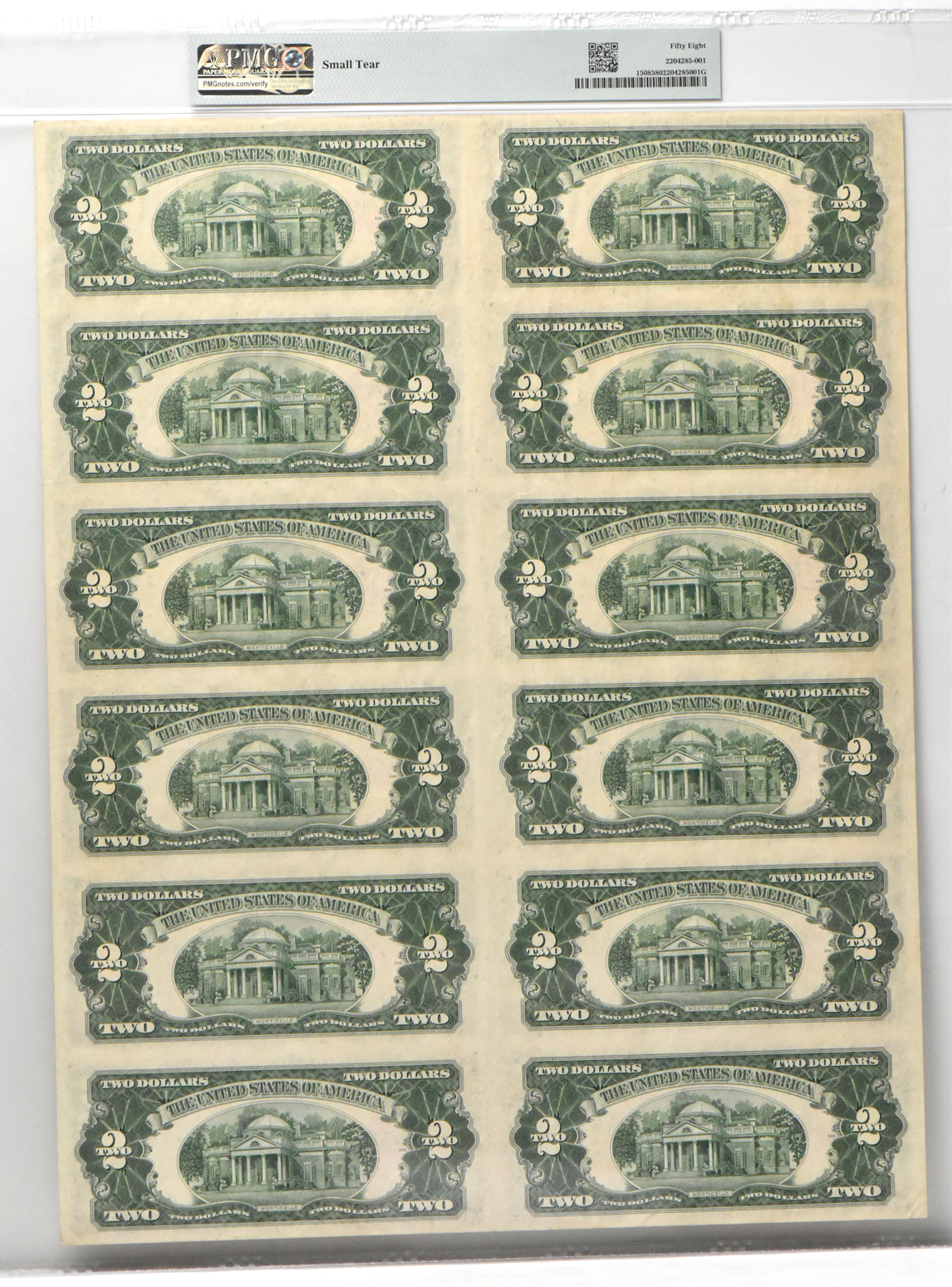 Uncut Sheet of twelve 1928-G $2 Fr# 1508 - PMG AU-58/small tear