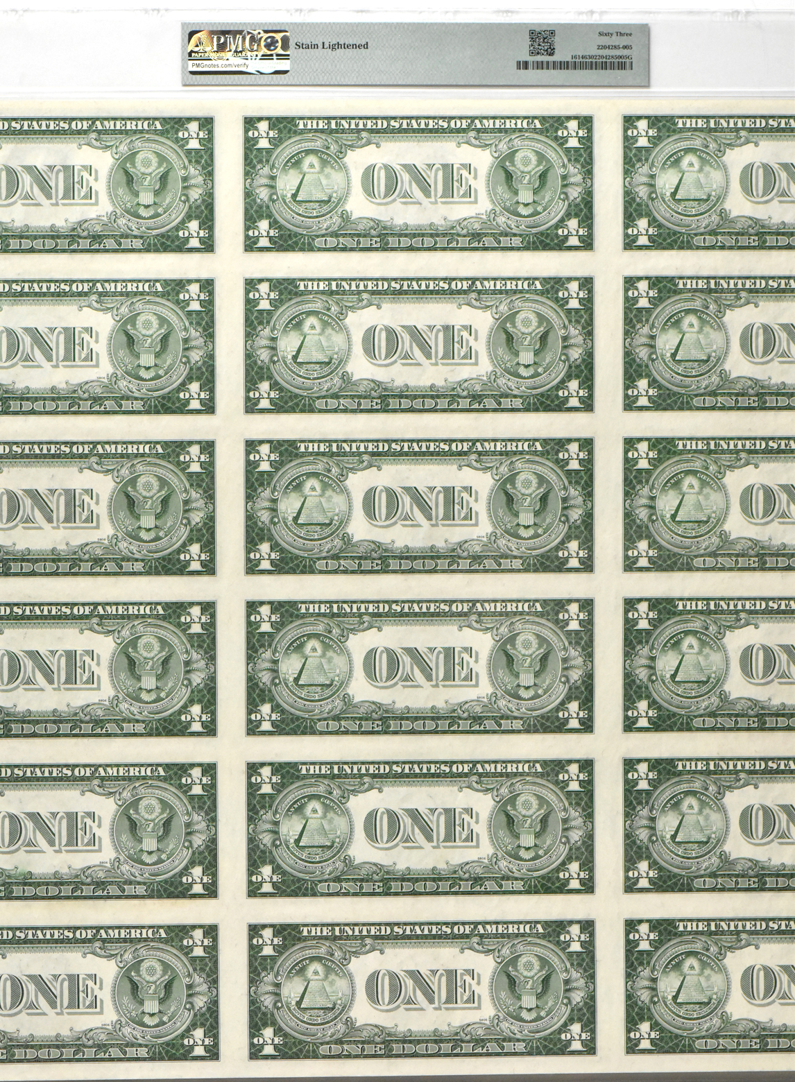 Uncut Sheet of eighteen 1935-E $1 Fr# 1614 - PMG ChCU-63/stain lightened