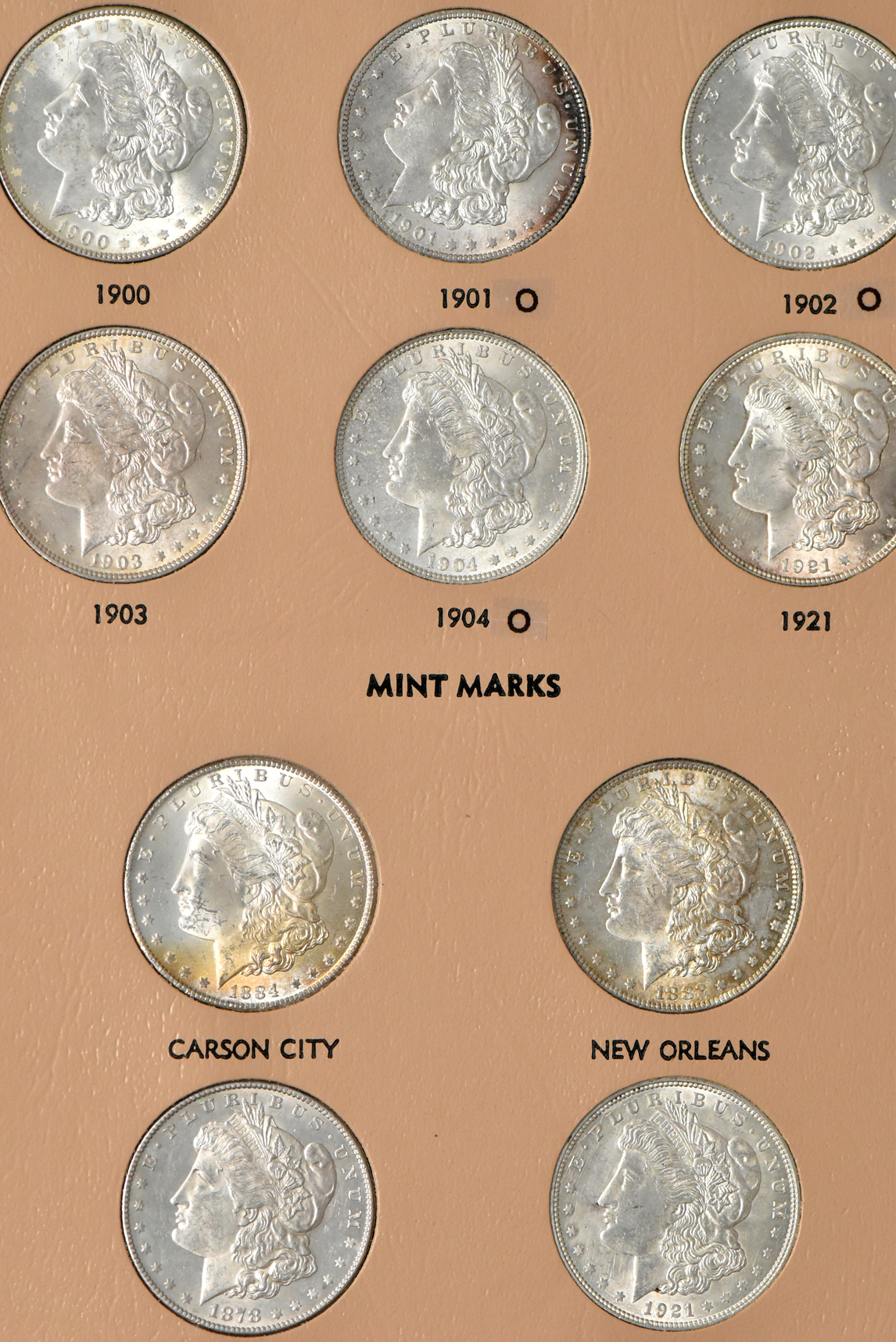 Complete 32 coin Morgan dollar date set in a Dansco 7171 album