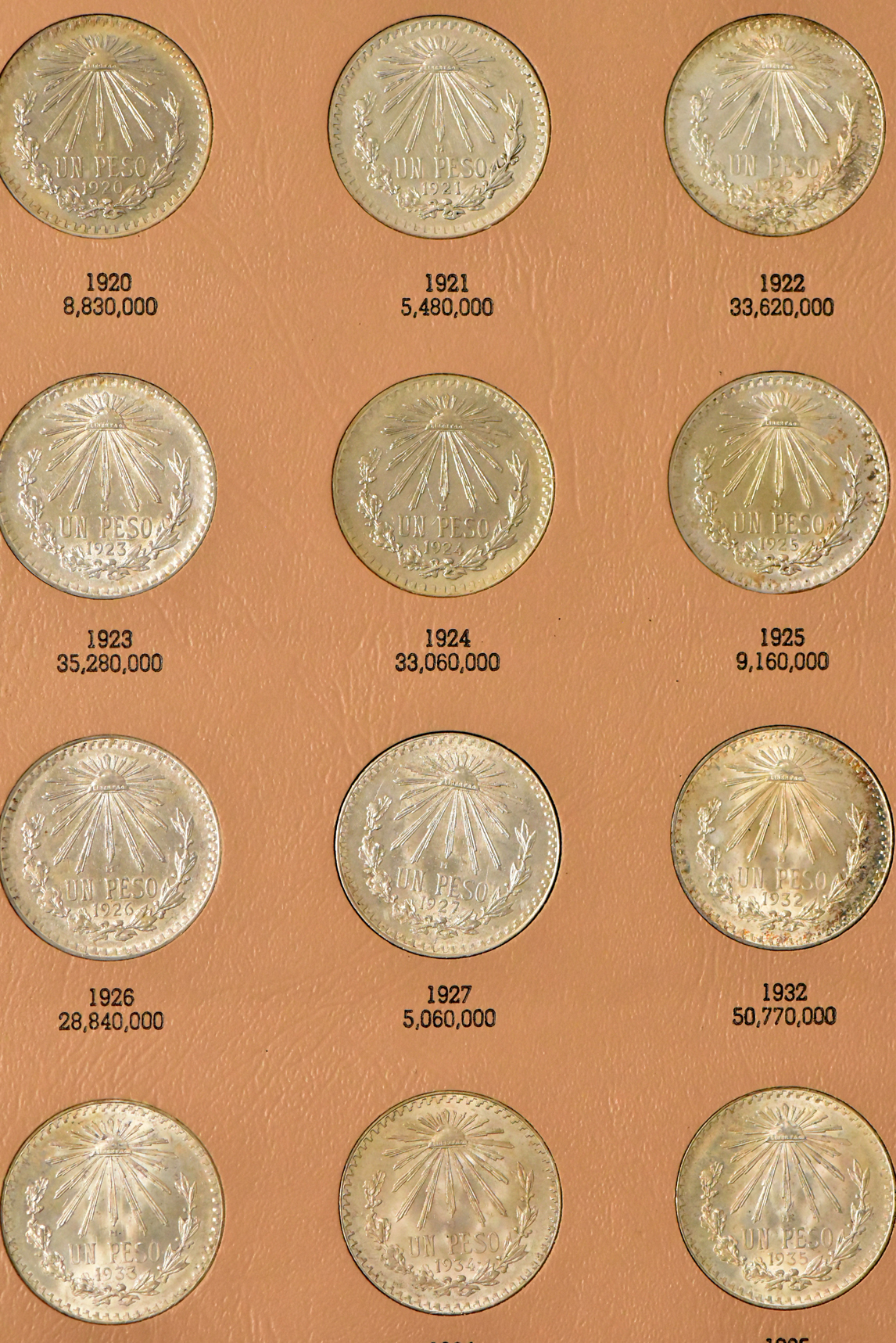 Mexico - Collection of 52 different 1 peso coins in a Dansco album