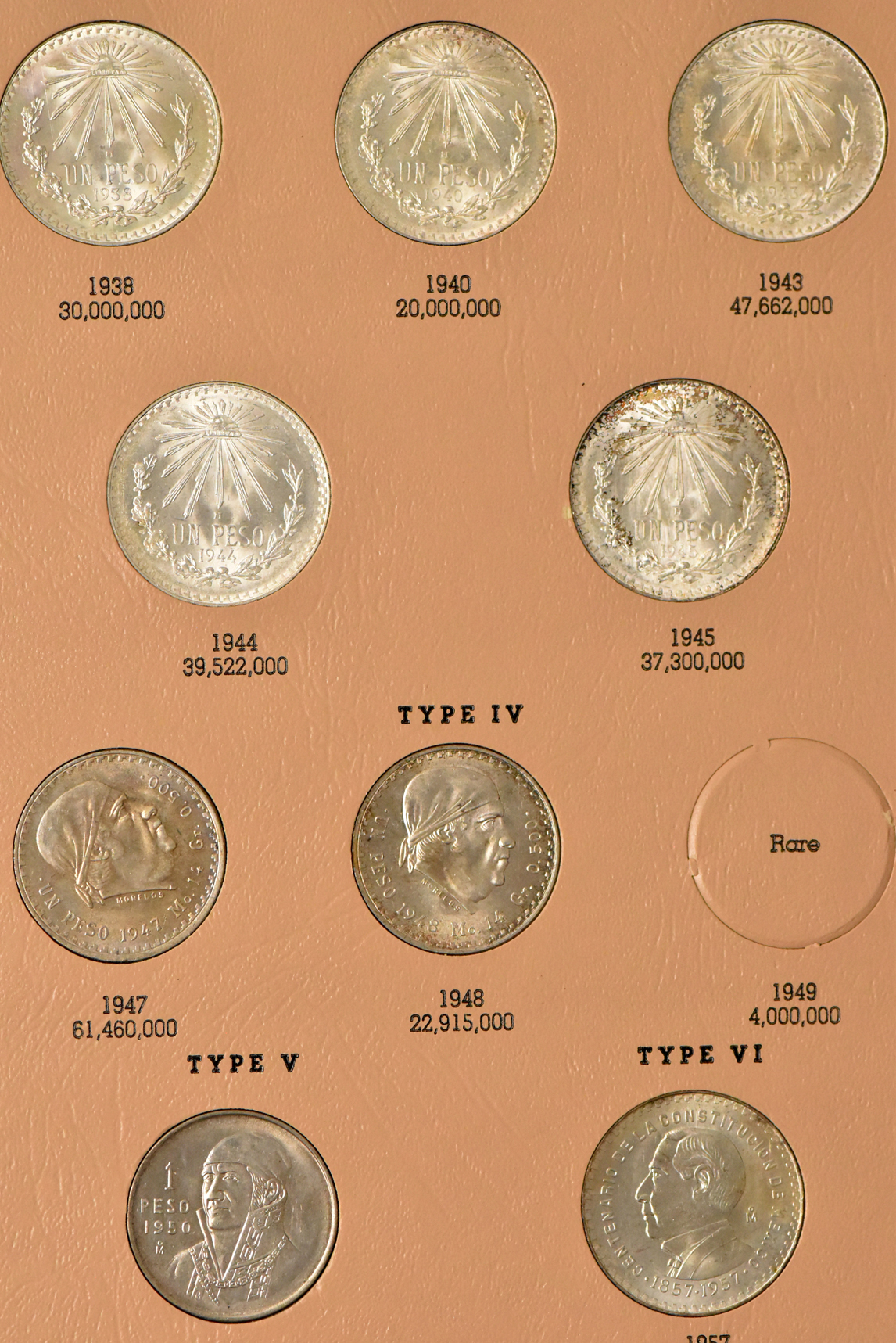 Mexico - Collection of 52 different 1 peso coins in a Dansco album