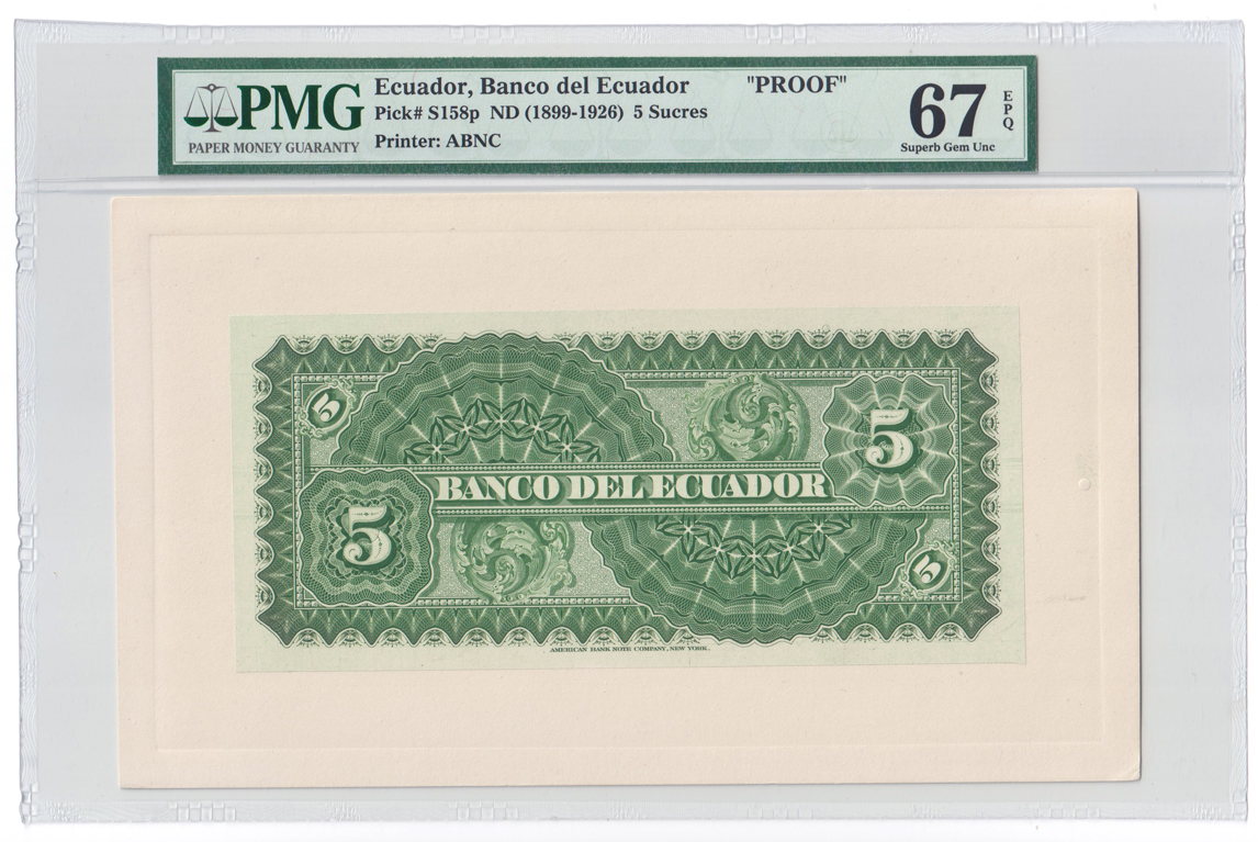 Ecuador - Two 1899 Banco del Ecuador 5 sucres Proo - PMG GemCU-67 EPQ