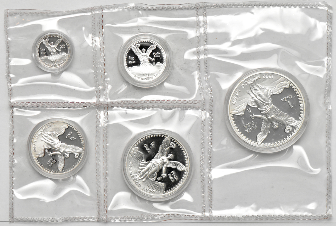 Mexico - 1992, 1993, and 1994 Proof Libertad sets with their original case, certificate, and zipper bag