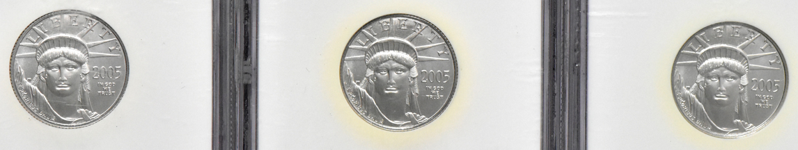 Six 2005 1/4oz $25 Platinum Eagles, all NGC MS-70