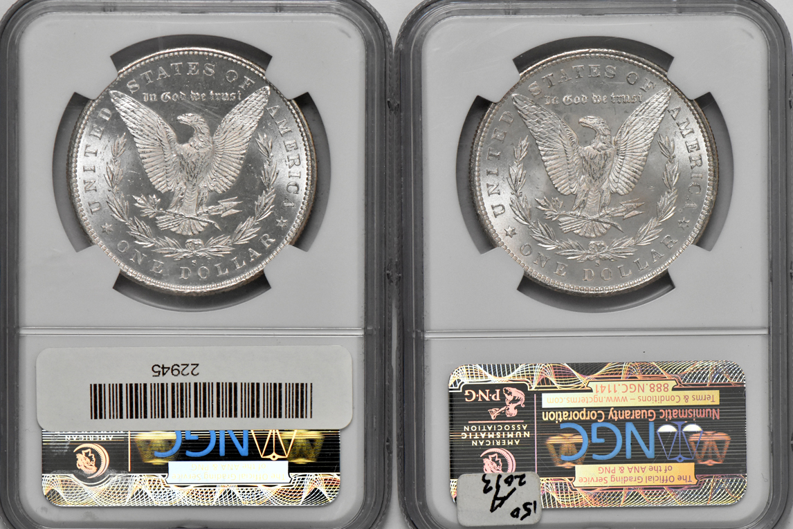 Four certified Morgan silver dollars, all UNC, two rattlers