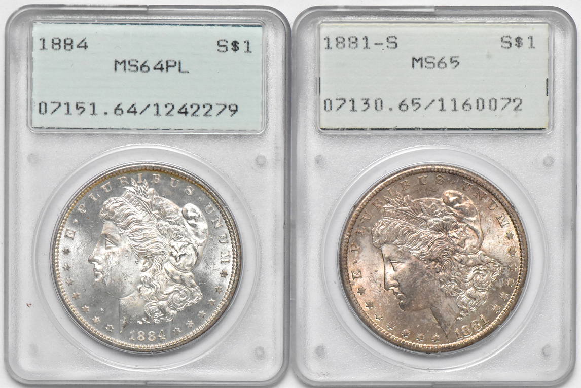 Four certified Morgan silver dollars, all UNC, two rattlers