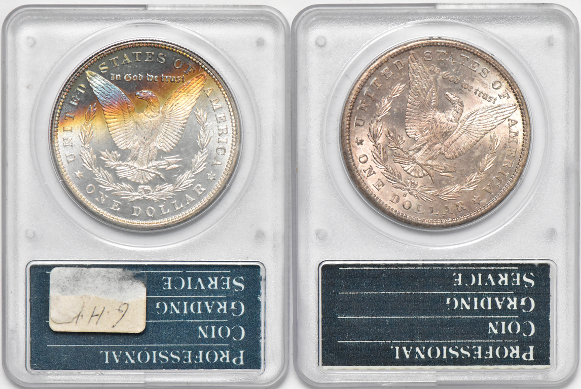 Four certified Morgan silver dollars, all UNC, two rattlers