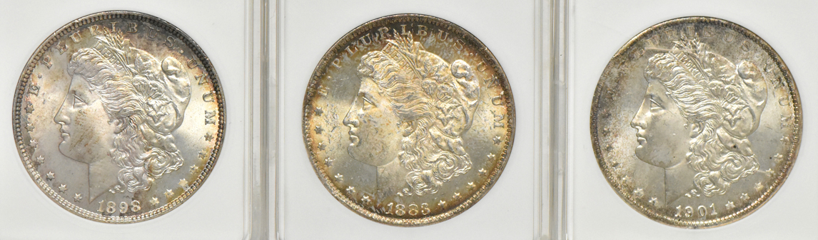 Six Uncirculated Morgan dollars certified by ANACS
