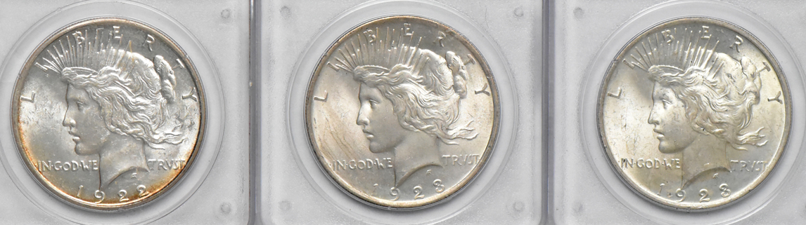 Seven Uncirculated Morgan dollars and four Uncirculated Peace dollars, all PCGS (rattler)